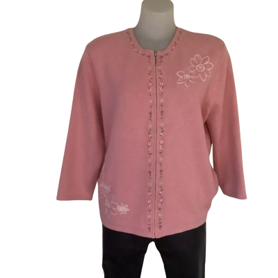 Vintage* Northern Reflections. Pink Knit Zip-Up Cardigan with Hand Embroidery.  Size XL 