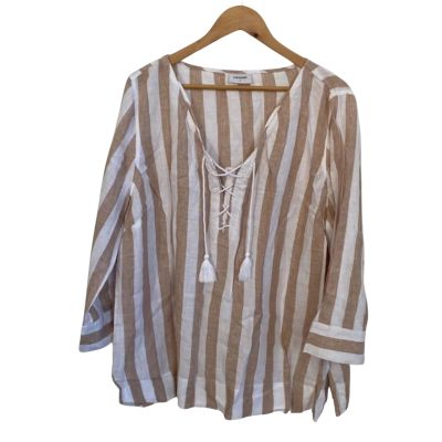 Sussan Women Linen Size 18 Long Sleeve Top Brown / Striped / White 