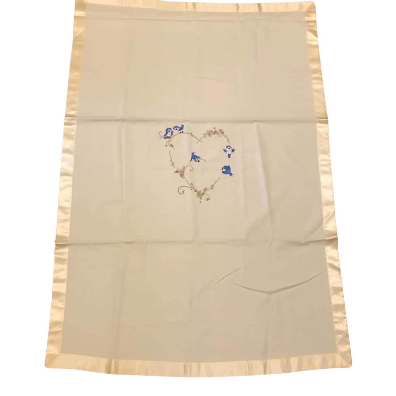 NWOT Beautiful Hand Made Embroidered Bluebirds Cot Blanket Satin Bound