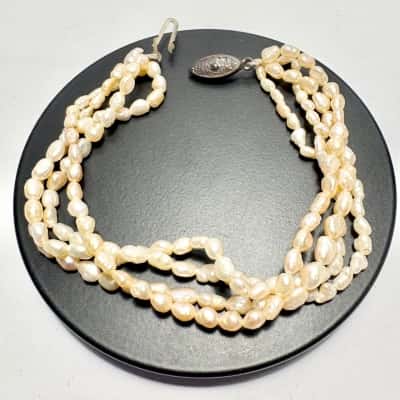  Gorgeous Three Strand Freshwater Rice Pearl Bracelet with Vintage Clasp