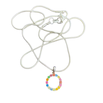  Womens Stirling silver Necklace 22cm drop. Multicoloured gemstone circle pendant 