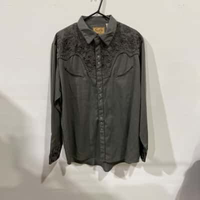 Scully Mens Floral Tooled Embroidery Western Shirt Size XL Green 