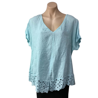 Made in Italy  Womens One Size Pale Blue 100% Linen / Cut-out Detail Short Sleeve Top