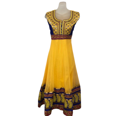 Indian Anarkali Traditional Dress Womens Size XL Sleeveless Embroidered Multicoloured / Yellow 