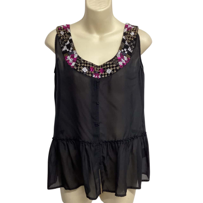 Witchery Womens  Size S Black  100% Silk Embroidered Top VGUC