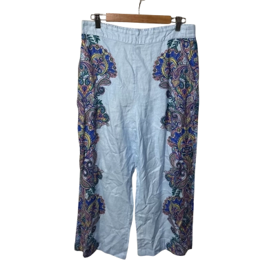 Sussan Womens Size 12 Light Blue / Multicoloured Pattern Linen Wide Leg Pants