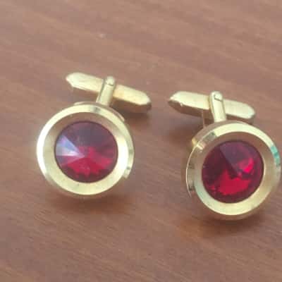 Vintage Mid Century Gold Cufflinks Red Tivoli Style Stones Signed West Germany