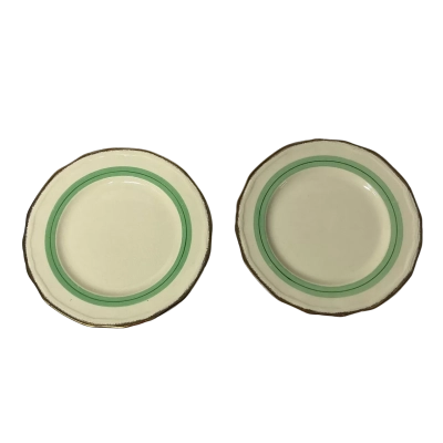 Vintage Alfred Meakin 2 x Cream Side Plates with Green Band & Gold Edge