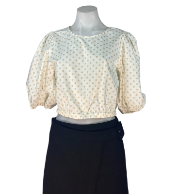 Sportsgirl - Cream & Tan Poka Dots Puffy Sleeve Top (Size 8) 