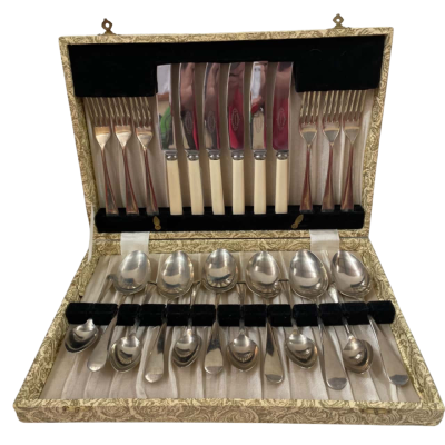 Vintage Sheffield England Warranted Stainless Nickel Cutlery Set in Case