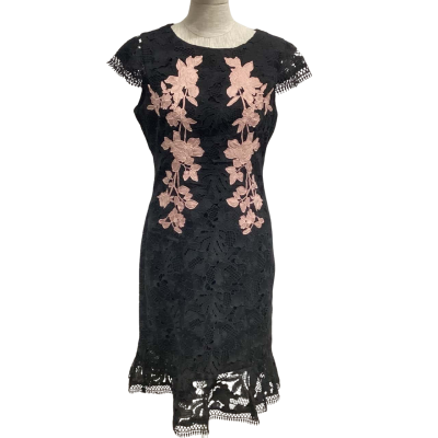 Review Lace  Size 12 Cocktail Dress Black  / Pink Flower Detail