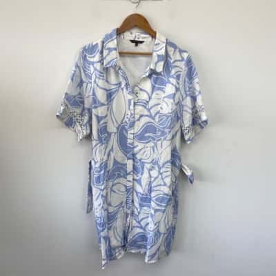 Portmans Blue White Pattern Short SLeeve Button Up Mini Dress  Size 18