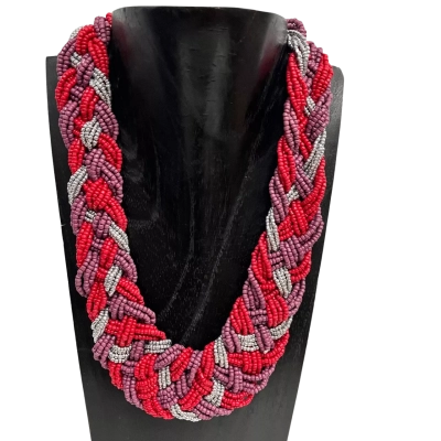 Twisted Beaded Necklace Maroon / Red / Silver 
