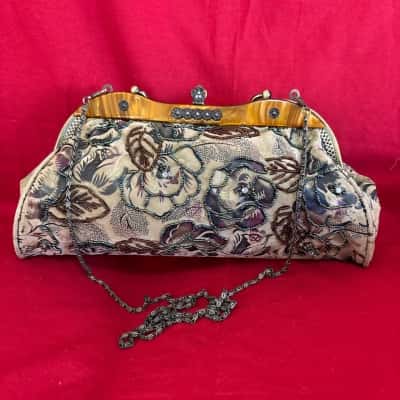  Women's Vintage Style Beaded Floral Evening Handbag featuring an Amber Tone Tortoiseshell Effect Frame Accent & an Ornate Metal Handle & Detachable Chain Strap 