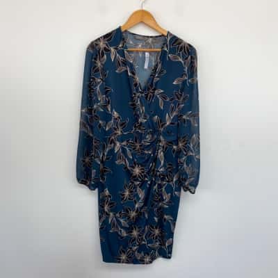 Jacqui-E Blue Floral Long SLeeve Midi Dress Size L 
