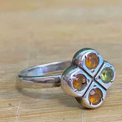 Sterling Silver Orange/Green Diamante Ring (Stamped 925)