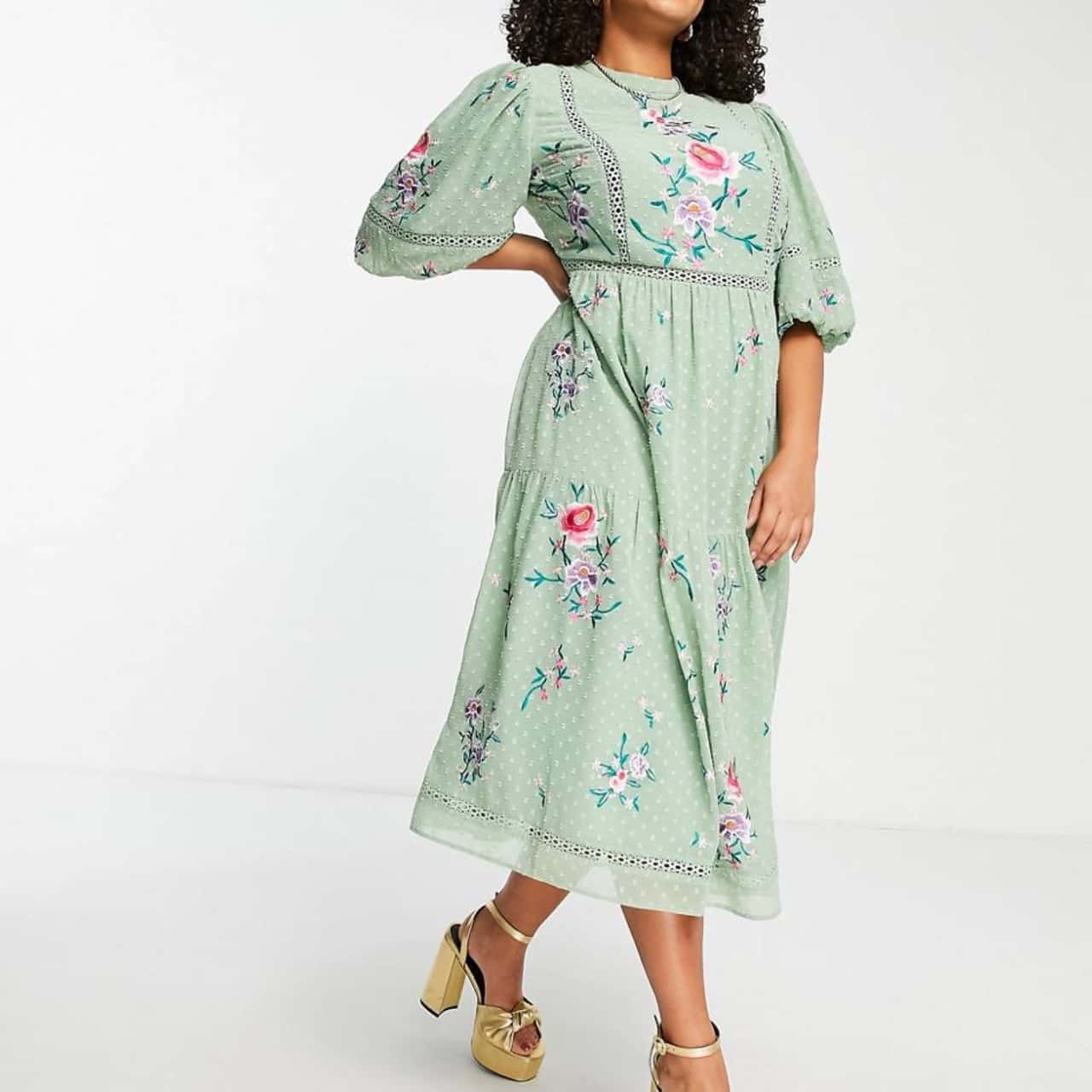 Brand New ASOS Design Womens Size 22 Babydoll Floral Embroidery Dress Green  Boho - RRP $159(s)