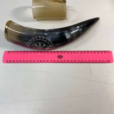 Handmade drinking horn featuring an engraved Vegvísir (Viking compass) symbol