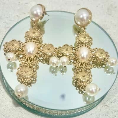 Gold Filligree Flower Pearl Detail Large Cross Statement Earrings