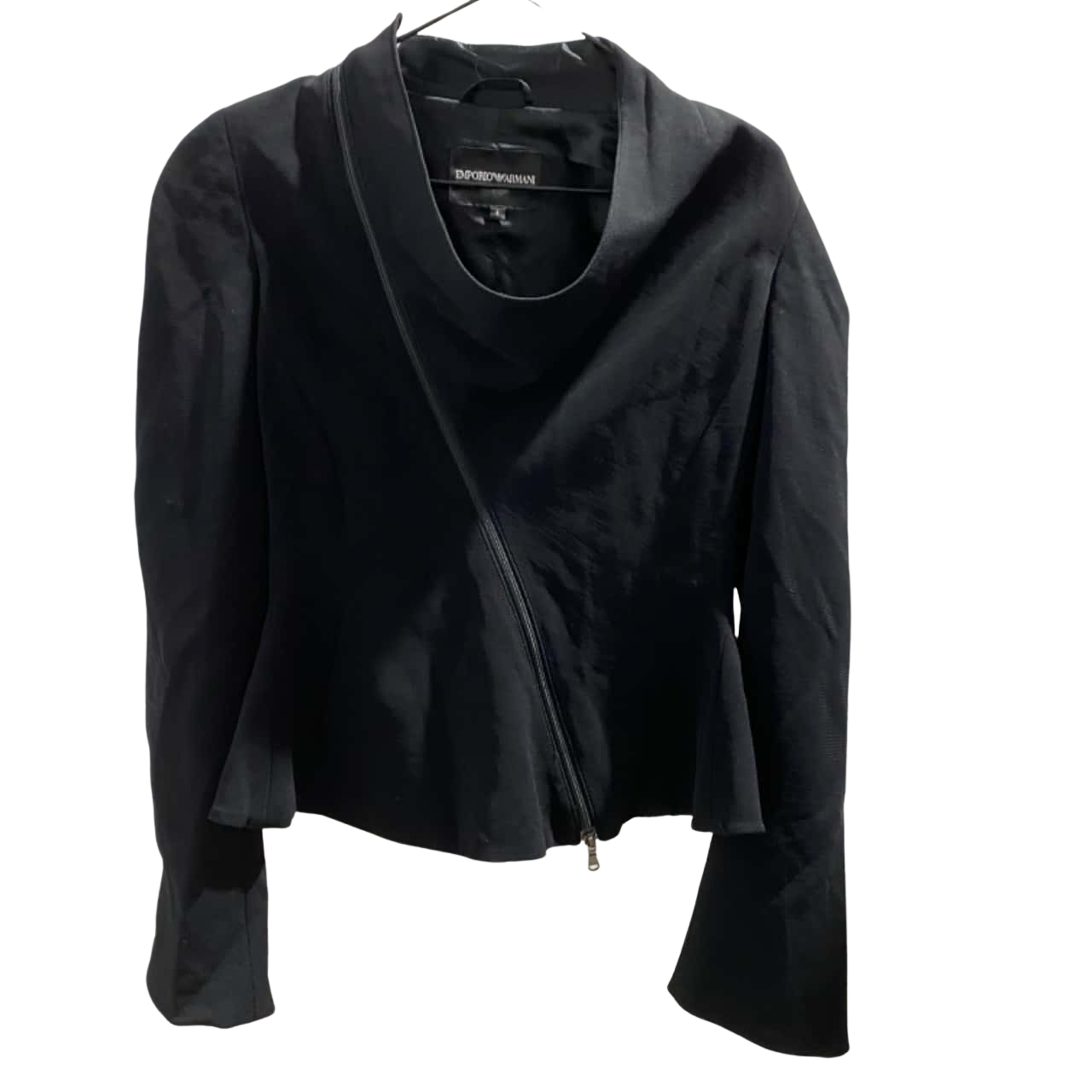 Emporio Armani. Womens Size 8. Black Jacket with Cowl neck, flared