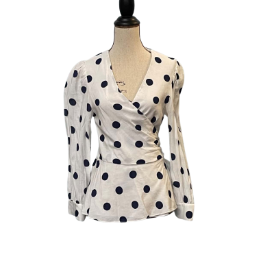 Veronika Maine Womens Size 10 Long Sleeve Top Navy Blue / Polka Dot / White 