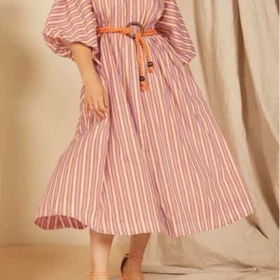 BNWT Bohemian Traders Candy Stripe Pleated Neck Midi Dress