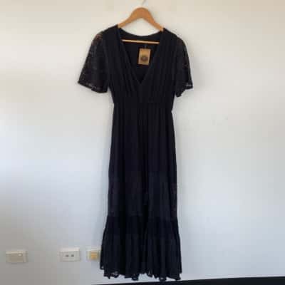 Ishka Black Stevie Lace Trim Maxi Dress Size S 