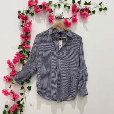 French Connection Womens  Size 10 Long Sleeve Top Multicoloured / Navy Blue / Striped / White 