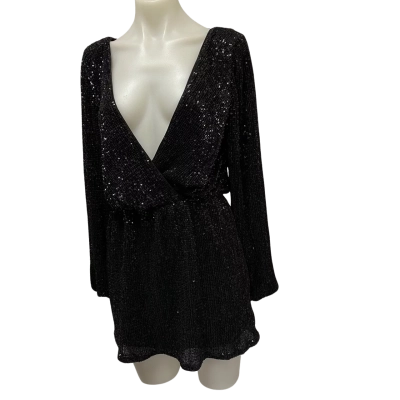 White Fox Womens Sequin Long Sleeve  Size S Mini Party Dress Black  