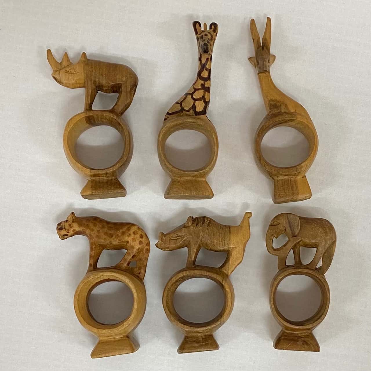 6 Wooden Carved African Animal Napkin Rings(s)