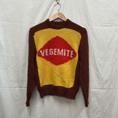 Hand Made Unisex Knitted Jumper Vegemite Pattern Size S 