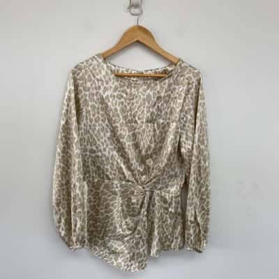Katies Animal Print Cream Beige Long Sleeve Blouse Knot Front Top Size 14 