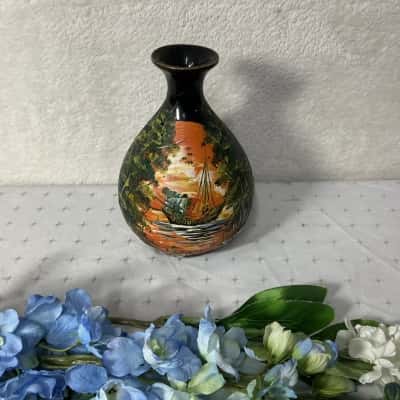 Decorative Hand-painted Tropical Sunset Boat Scene Tall Ceramic Vase