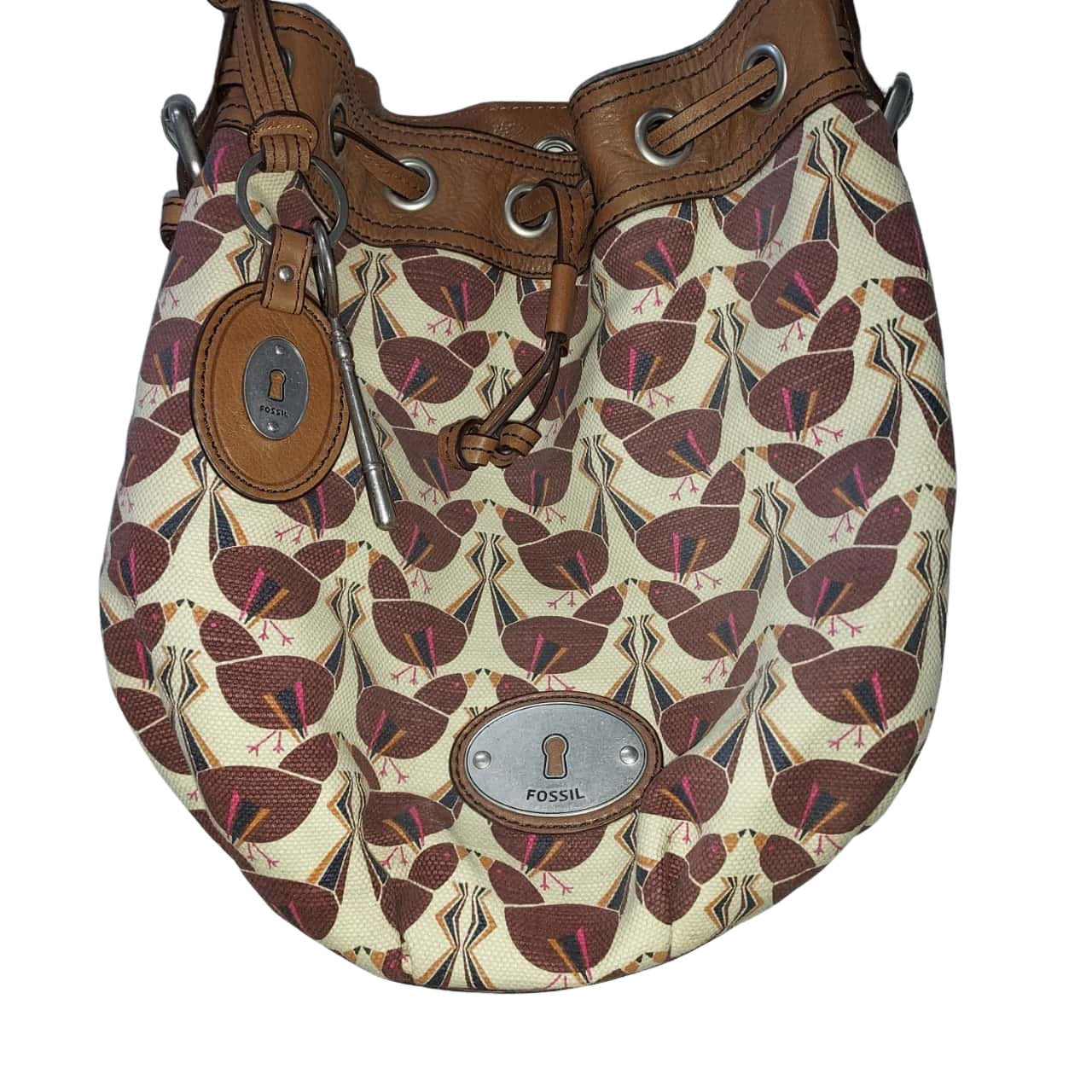 Fossil Leather Canvas Aged Silver Hardware Boho Bucket Handbag Women's