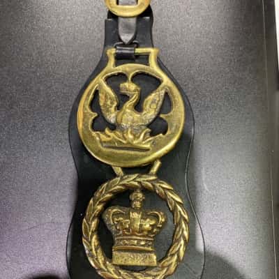 Vintage equestrian leather wall hanging item depicting a swan and a royal crown polished brass