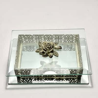 Vtg. Studio Silversmiths Rose Filigree Beveled Glass Mirrored Jewelry Box
