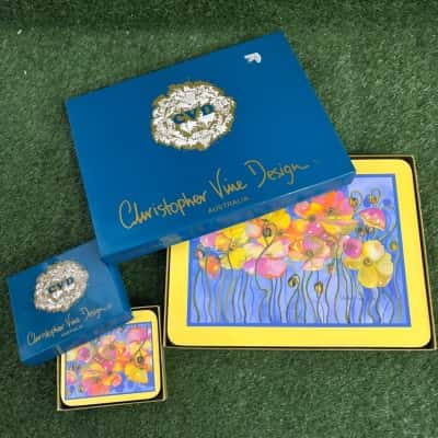 Christopher Vine Designs “Blue Daisies” Print Placemat & Coaster Set 