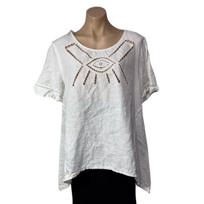 Del Sol Womens Size L / XL White Cut-out Embroidered Pattern Short Sleeve Top  