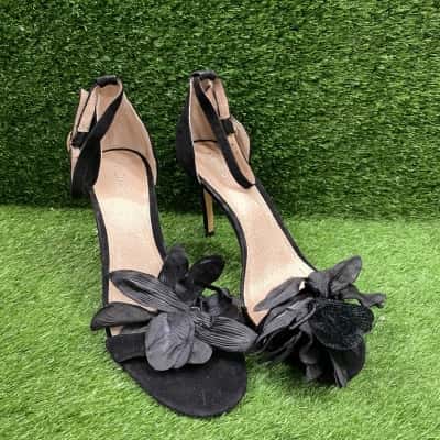 Midas Black Suede Leather Heels with Flower Detail Size 40