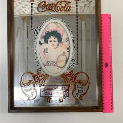 1960's Coca-Cola Mirrored Sign Gold Framed Lady 12" x 16"