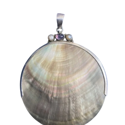  Womens abalone shell & Bali silver 8x6cm Pendant with amethyst and seed pearl.
