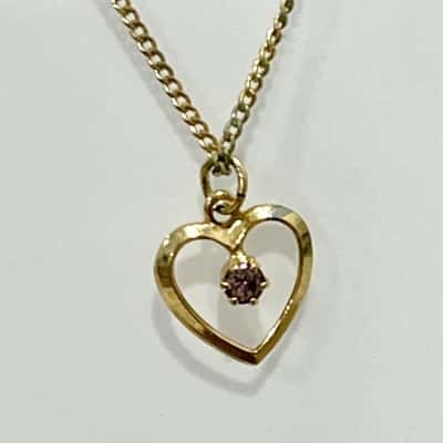 Vintage Gold Tone Love Heart Pendant Pink Stone / Necklace 