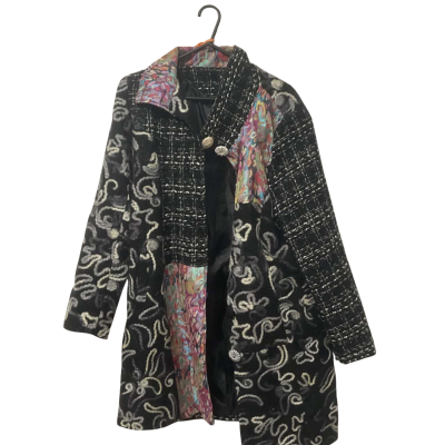 Womens Caroline Morgan  Size 16 Long Black Knitted Winter Coat With Rainbow Pattern