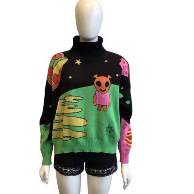 Black Friday Women's Size S Alien Print Knit Jumper Black & Green