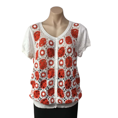 Forever 21 Womens Size XL  White / Red Crochet Pattern Short Sleeve Button-down Cardigan
