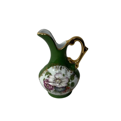 Vintage Limoges Rehausse Main Green Floral Pattern Miniature Porcelain Jug
