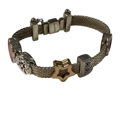 Silver 925 Mesh Clip Bracelet w/ Charms + Safety Chain 24.1g