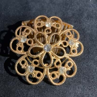  Women's Vintage Style Gold Tone Filigree Hair Comb with Clear Rhinestones