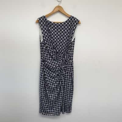 Liz Jordan Navy Blue Eva Print Knot Detail Dress  Size XL 