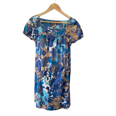 Saint Hilaire  Size 8 Floral Dress / Short Sleeve Dress  Blue / Brown / White 
